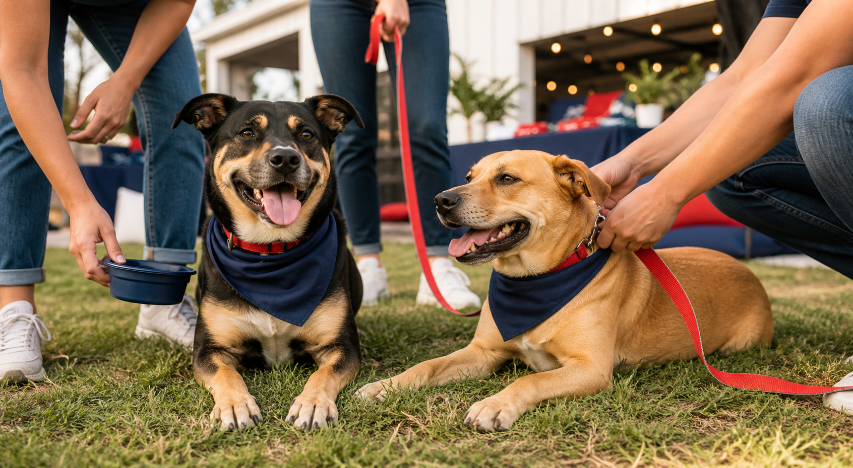 Two rescue dogs at a community event with volunteers cropped below the shoulders