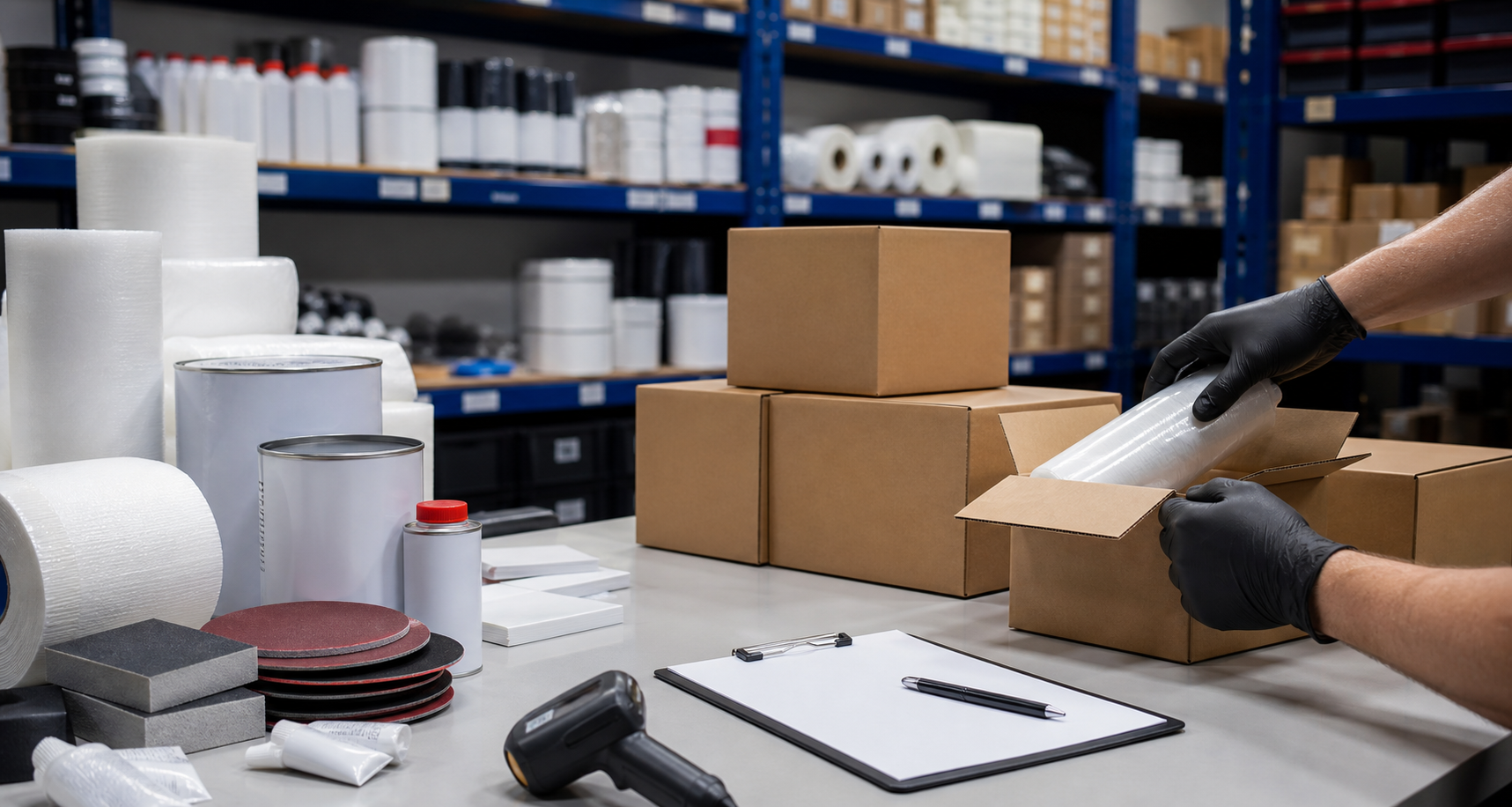 Organized auto body supplies being packed by gloved hands with no faces visible